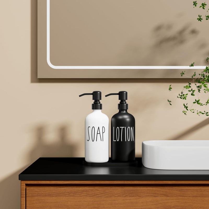 MOMEEMO Glass Soap Dispenser with Stainless Steel Pump, Contains Lotion Dispenser, Hand Soap Dispenser & Tray. (Black & White) - Image 5